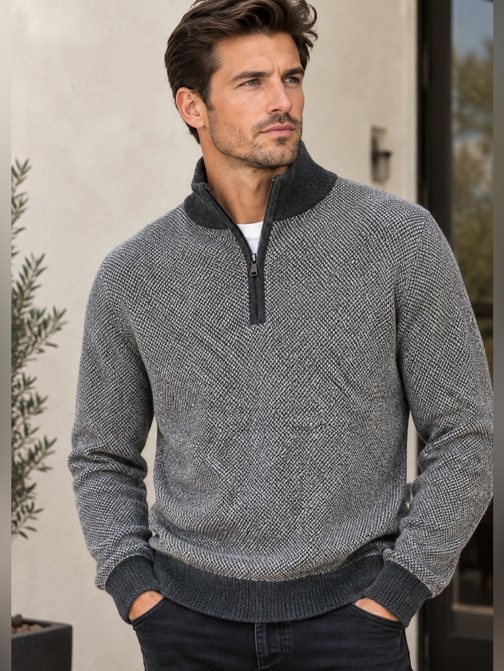 Ralph Lauren Purple Label 100% cashmere Made in Italy Birdseye quarter zip mens